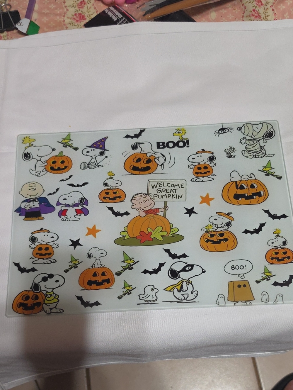 Peanuts Halloween Glass Cutting Board - Orange & White